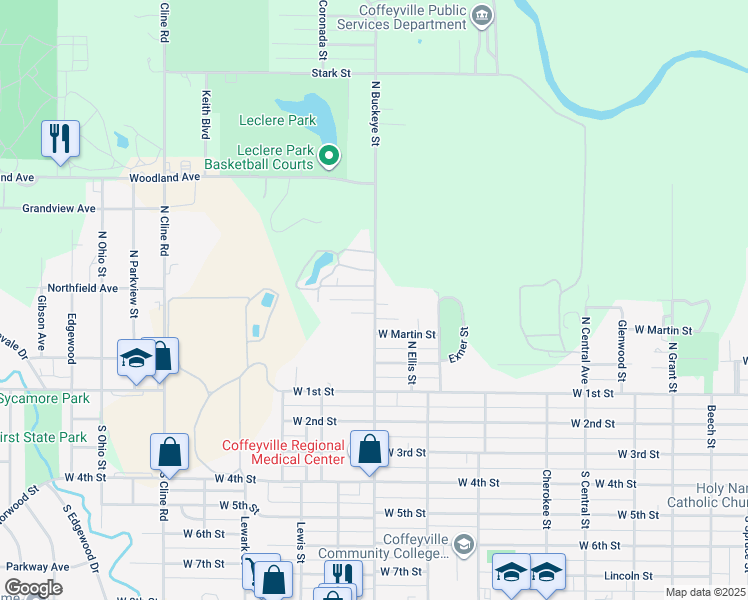 map of restaurants, bars, coffee shops, grocery stores, and more near 1400 Velma Drive in Coffeyville