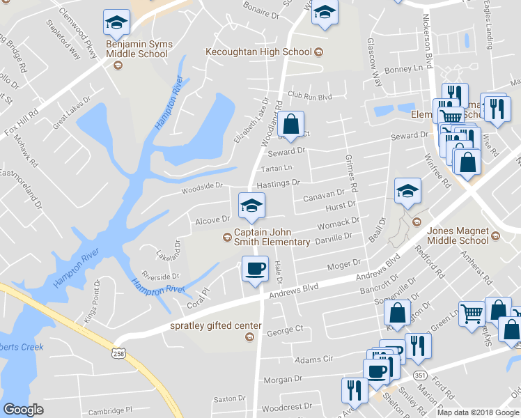 map of restaurants, bars, coffee shops, grocery stores, and more near 376 Woodland Road in Hampton