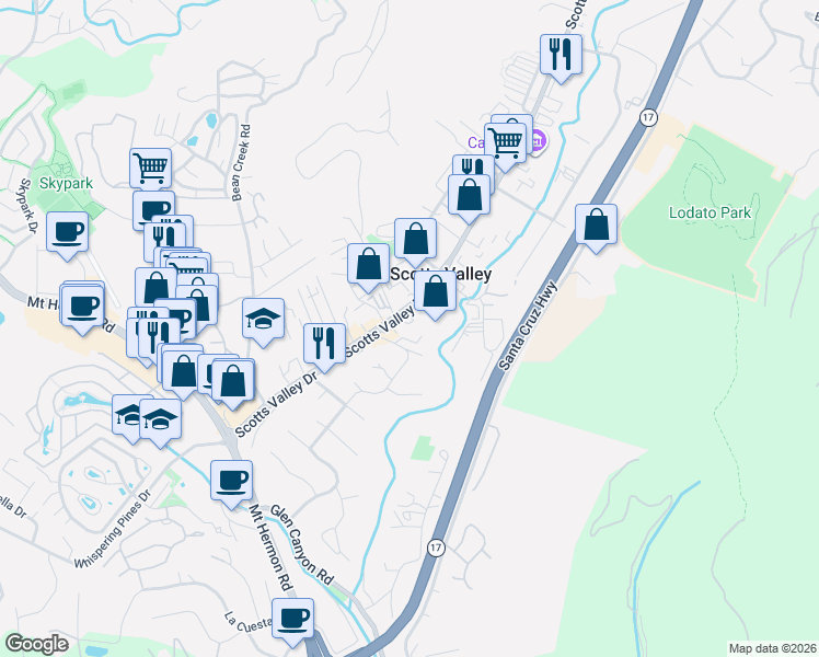 map of restaurants, bars, coffee shops, grocery stores, and more near 4444 Scotts Valley Drive in Scotts Valley