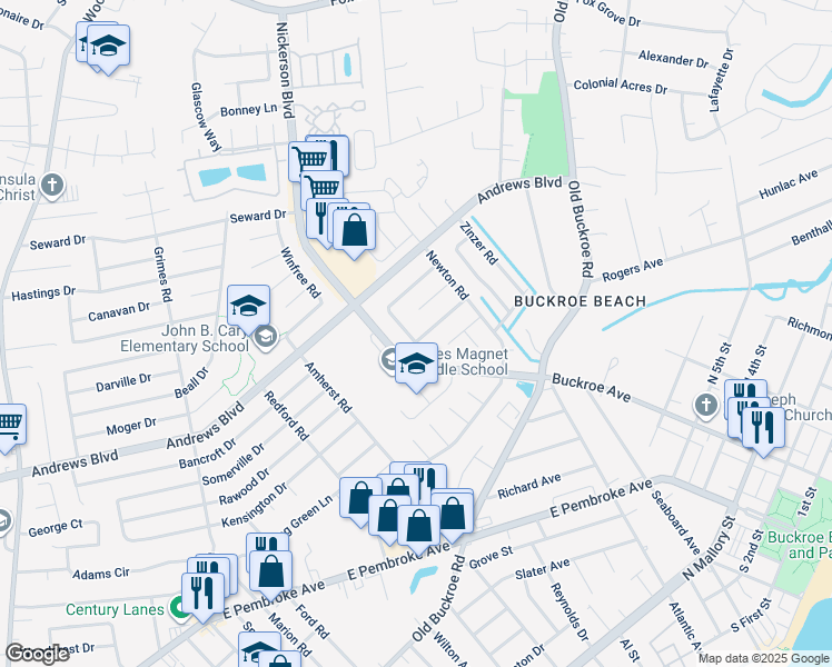map of restaurants, bars, coffee shops, grocery stores, and more near 1900 Demetro Drive in Hampton