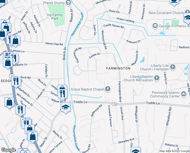 map of restaurants, bars, coffee shops, grocery stores, and more near 41 Edenbrook Drive in Hampton