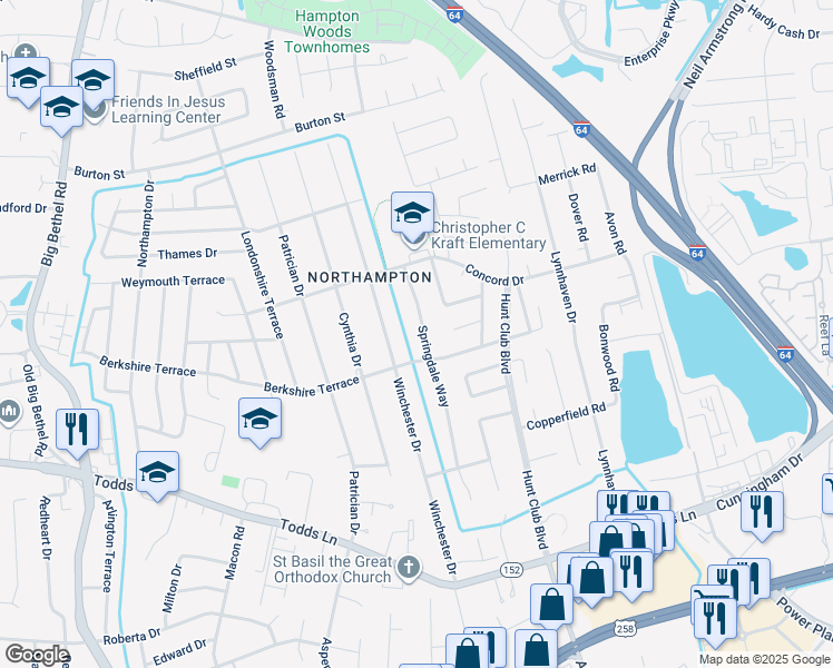 map of restaurants, bars, coffee shops, grocery stores, and more near 207 Springdale Way in Hampton