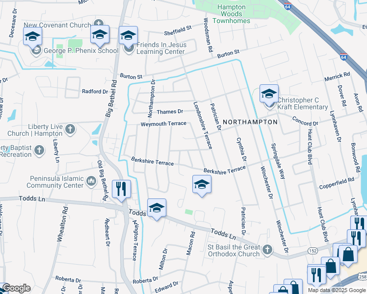 map of restaurants, bars, coffee shops, grocery stores, and more near 814 Leeds Terrace in Hampton