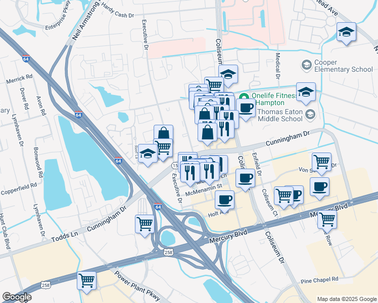 map of restaurants, bars, coffee shops, grocery stores, and more near 2300 Cunningham Drive in Hampton
