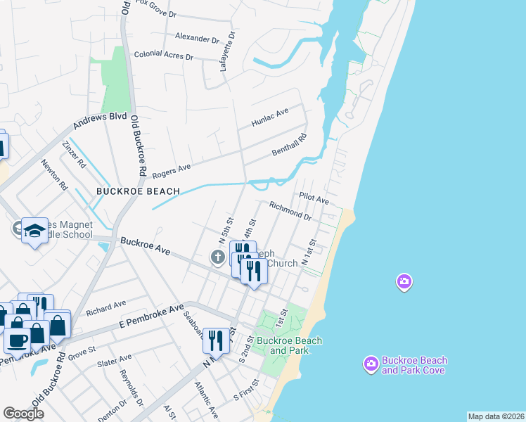 map of restaurants, bars, coffee shops, grocery stores, and more near 237 North 4th Street in Hampton