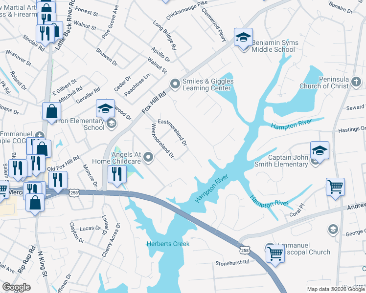 map of restaurants, bars, coffee shops, grocery stores, and more near 37 Eastmoreland Drive in Hampton