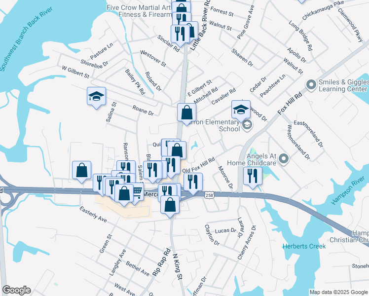 map of restaurants, bars, coffee shops, grocery stores, and more near 121 Jonquil Lane in Hampton