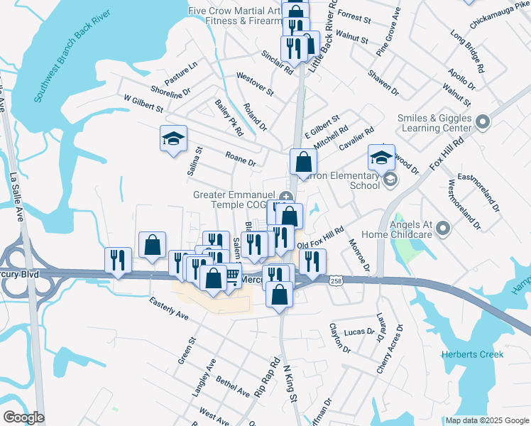 map of restaurants, bars, coffee shops, grocery stores, and more near 15 Quinn Street in Hampton