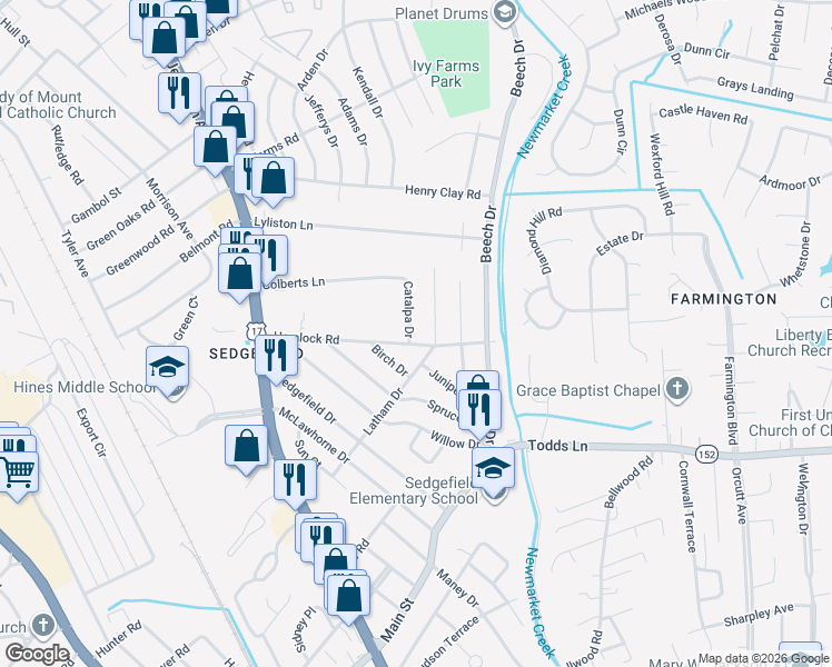 map of restaurants, bars, coffee shops, grocery stores, and more near 507 Latham Drive in Newport News