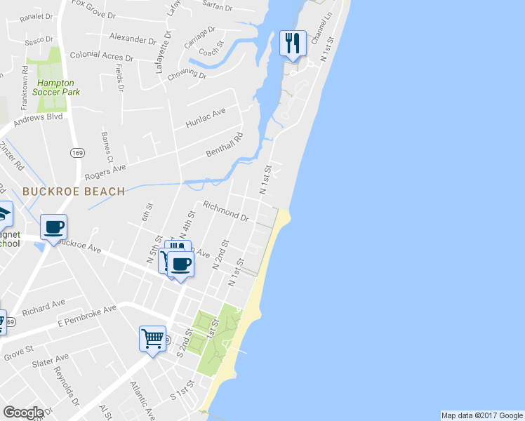 map of restaurants, bars, coffee shops, grocery stores, and more near 384 North 1st Street in Hampton