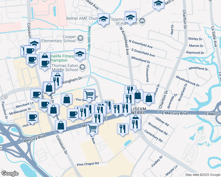 map of restaurants, bars, coffee shops, grocery stores, and more near 2018 Cunningham Drive in Hampton