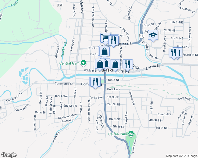 map of restaurants, bars, coffee shops, grocery stores, and more near 42 1st Street Northwest in Pulaski