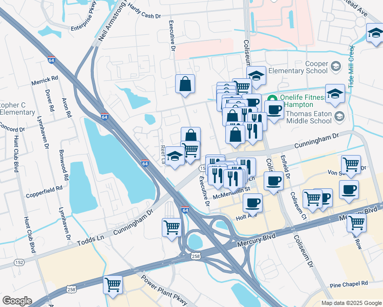map of restaurants, bars, coffee shops, grocery stores, and more near 2106 Executive Drive in Hampton
