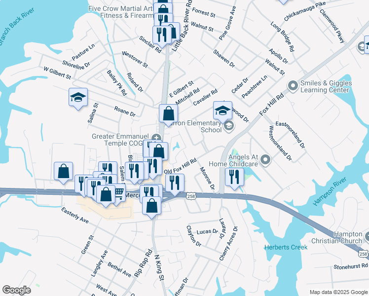 map of restaurants, bars, coffee shops, grocery stores, and more near 824 Jonquil Lane in Hampton
