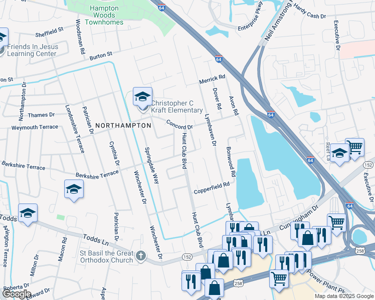 map of restaurants, bars, coffee shops, grocery stores, and more near 422 Berkshire Terrace in Hampton