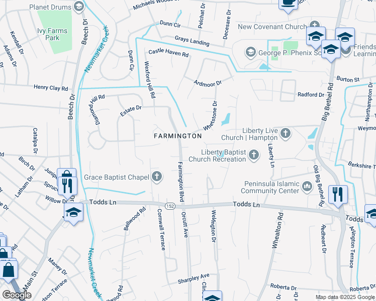 map of restaurants, bars, coffee shops, grocery stores, and more near 4 Springmeadow Court in Hampton