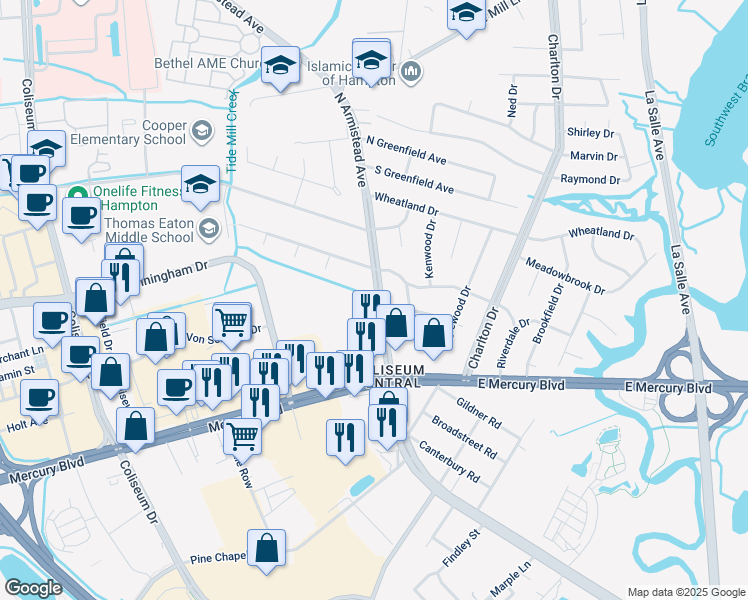 map of restaurants, bars, coffee shops, grocery stores, and more near 2021 North Armistead Avenue in Hampton
