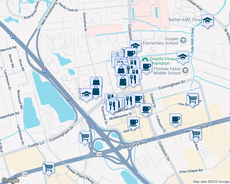 map of restaurants, bars, coffee shops, grocery stores, and more near 2300 Cunningham Drive in Hampton