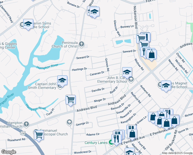 map of restaurants, bars, coffee shops, grocery stores, and more near 1817 Hurst Drive in Hampton