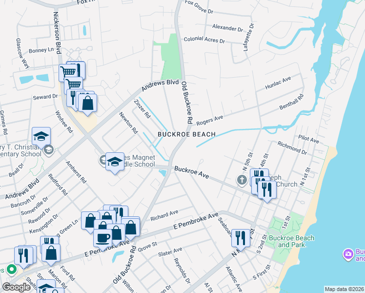 map of restaurants, bars, coffee shops, grocery stores, and more near 1627 Old Buckroe Road in Hampton