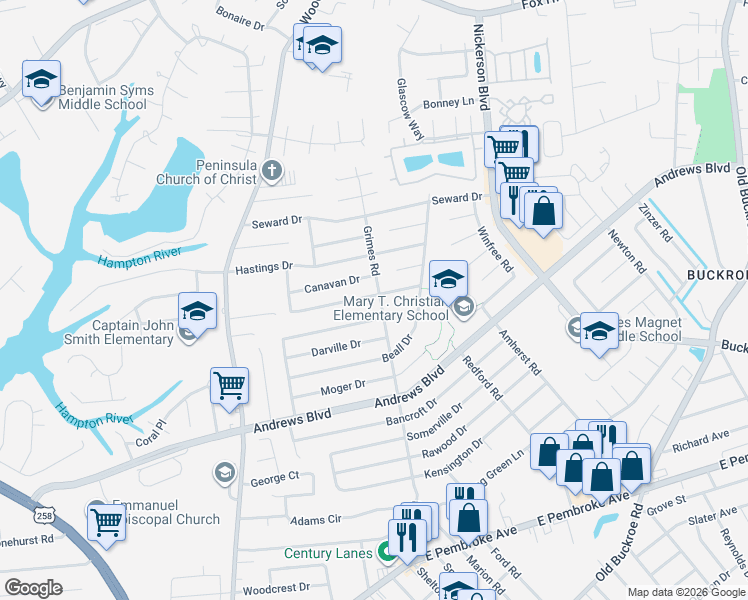 map of restaurants, bars, coffee shops, grocery stores, and more near 1700 Grimes Road in Hampton
