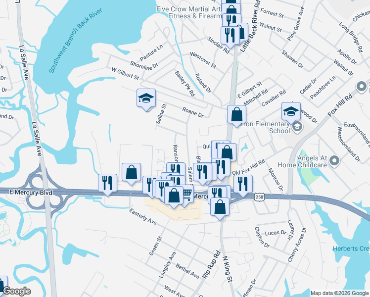 map of restaurants, bars, coffee shops, grocery stores, and more near 45 Salem Street in Hampton