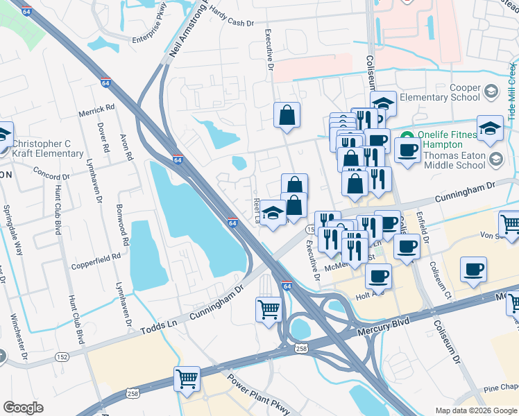 map of restaurants, bars, coffee shops, grocery stores, and more near 101 Lake Tower Drive in Hampton