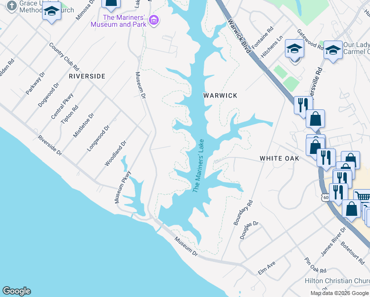 map of restaurants, bars, coffee shops, grocery stores, and more near The Noland Trail in Newport News