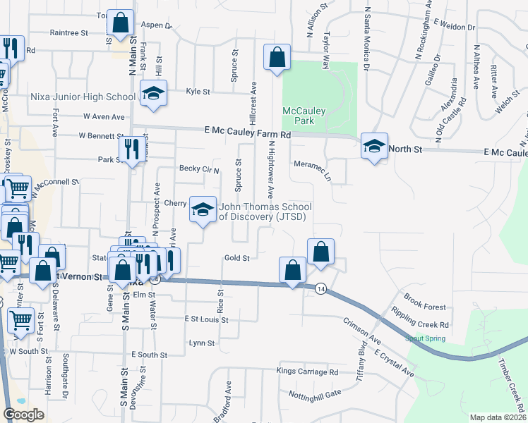 map of restaurants, bars, coffee shops, grocery stores, and more near 616 Cherry Street in Nixa