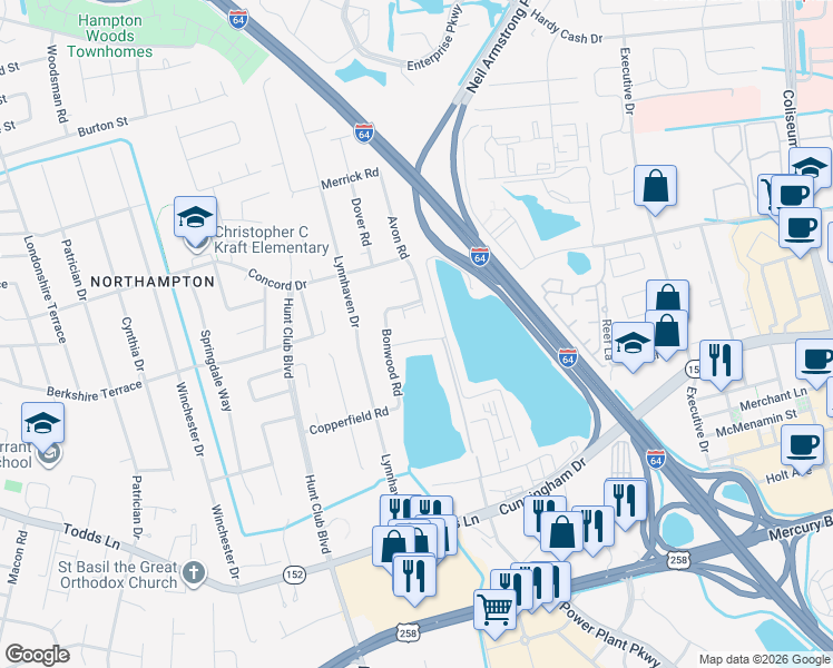 map of restaurants, bars, coffee shops, grocery stores, and more near 1811 Lake View Drive in Hampton