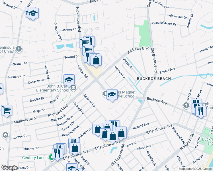 map of restaurants, bars, coffee shops, grocery stores, and more near 1907 Demetro Drive in Hampton