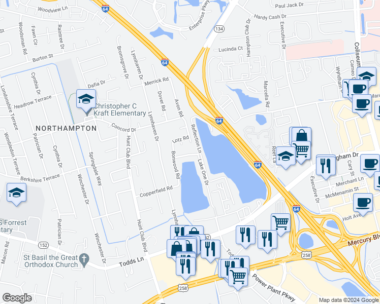 map of restaurants, bars, coffee shops, grocery stores, and more near 1813 Lake View Drive in Hampton