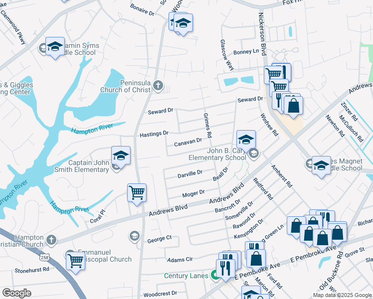 map of restaurants, bars, coffee shops, grocery stores, and more near 1817 Hurst Drive in Hampton
