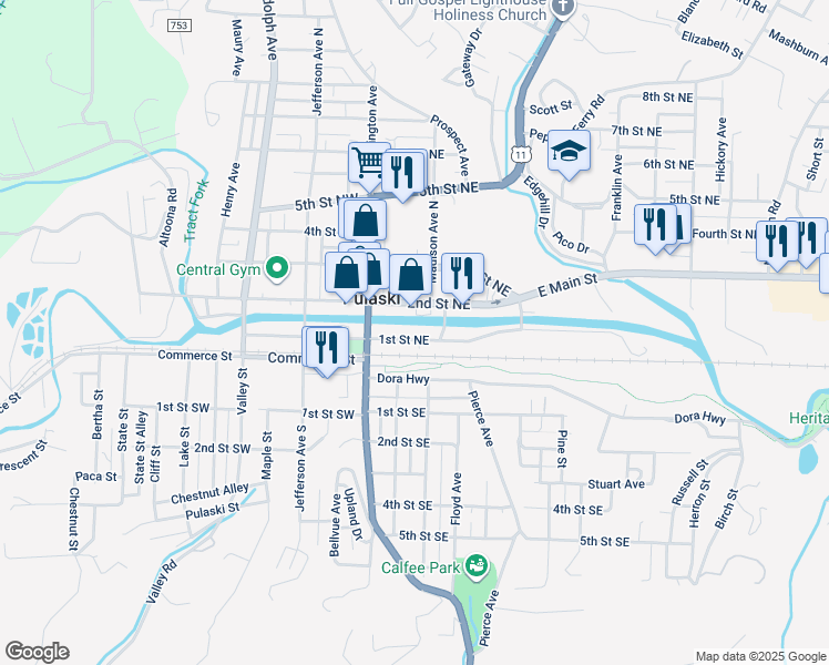 map of restaurants, bars, coffee shops, grocery stores, and more near 91 1st Street Northeast in Pulaski
