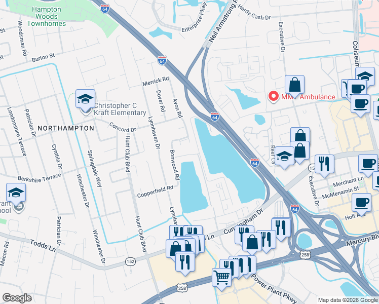 map of restaurants, bars, coffee shops, grocery stores, and more near 1813 Lake View Drive in Hampton