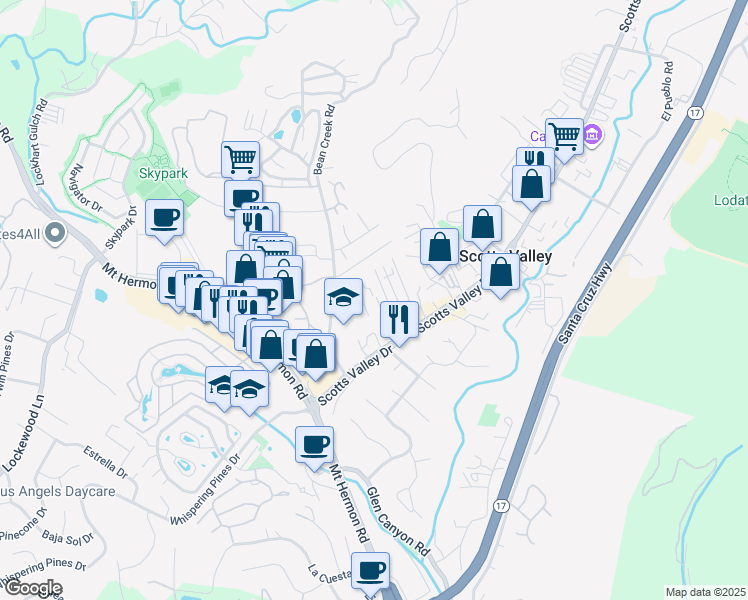 map of restaurants, bars, coffee shops, grocery stores, and more near 19 Jolley Way in Scotts Valley