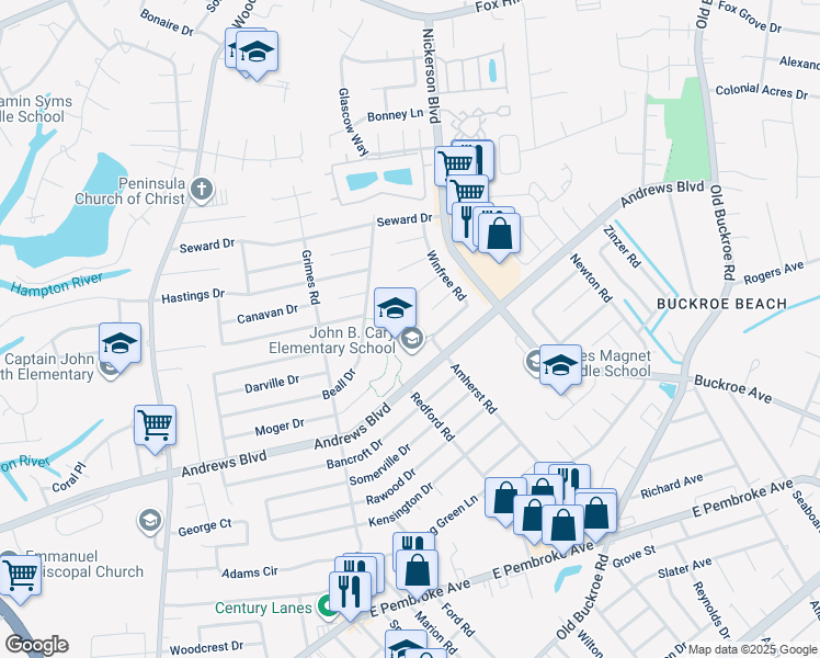 map of restaurants, bars, coffee shops, grocery stores, and more near 2009 Andrews Boulevard in Hampton