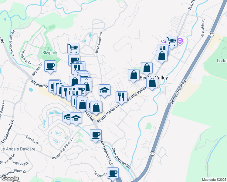 map of restaurants, bars, coffee shops, grocery stores, and more near 19 Jolley Way in Scotts Valley