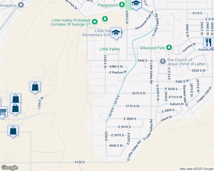 map of restaurants, bars, coffee shops, grocery stores, and more near 2249 East Fieldstone Circle in St. George
