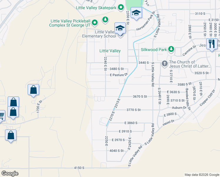 map of restaurants, bars, coffee shops, grocery stores, and more near 2274 East Fieldstone Circle in St. George