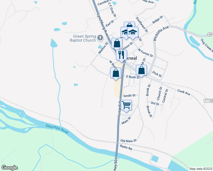 map of restaurants, bars, coffee shops, grocery stores, and more near 321 Virginia Avenue in Brookneal
