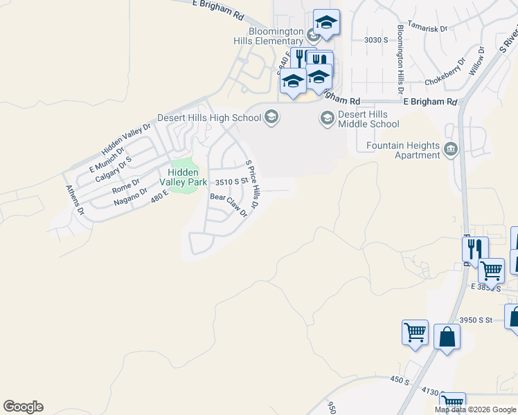 map of restaurants, bars, coffee shops, grocery stores, and more near 3581 South Price Hills Drive in St. George