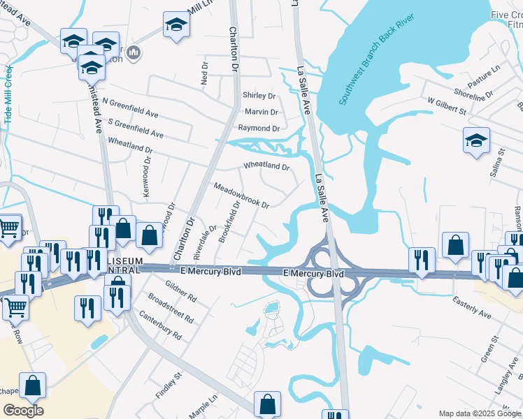 map of restaurants, bars, coffee shops, grocery stores, and more near 38 Hodges Drive in Hampton