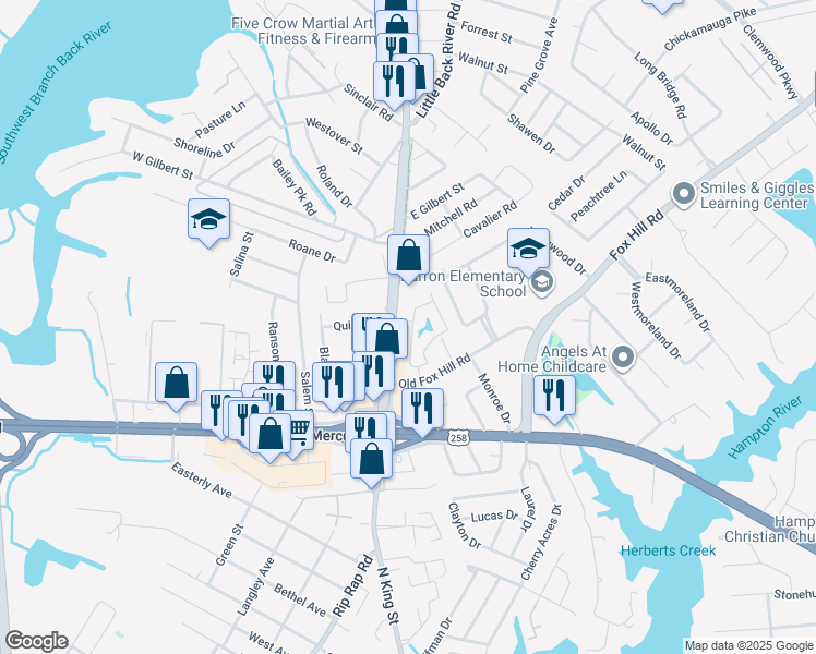 map of restaurants, bars, coffee shops, grocery stores, and more near 121 Jonquil Lane in Hampton