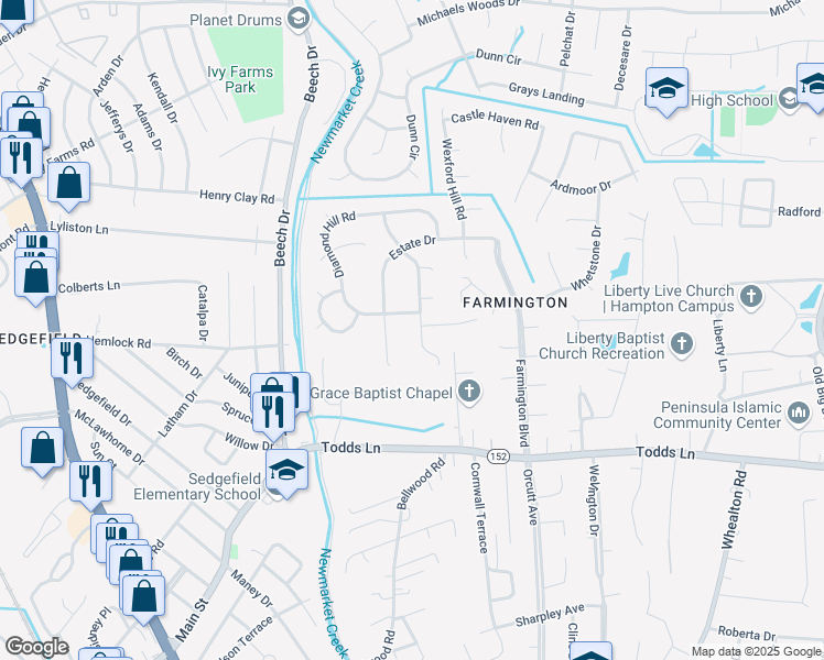 map of restaurants, bars, coffee shops, grocery stores, and more near 43 Edenbrook Drive in Hampton