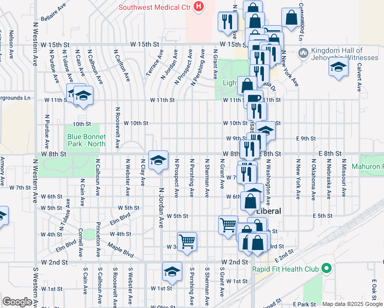 map of restaurants, bars, coffee shops, grocery stores, and more near 799 North Pershing Avenue in Liberal