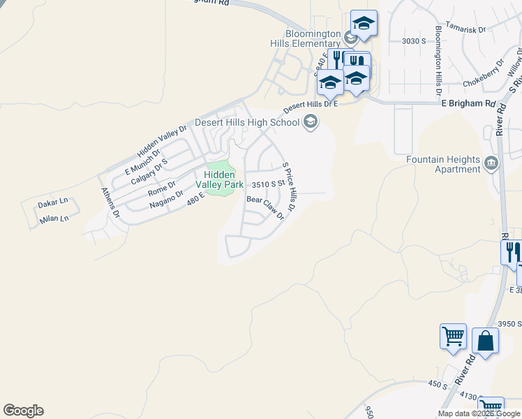 map of restaurants, bars, coffee shops, grocery stores, and more near 629 East Desmo Way in St. George