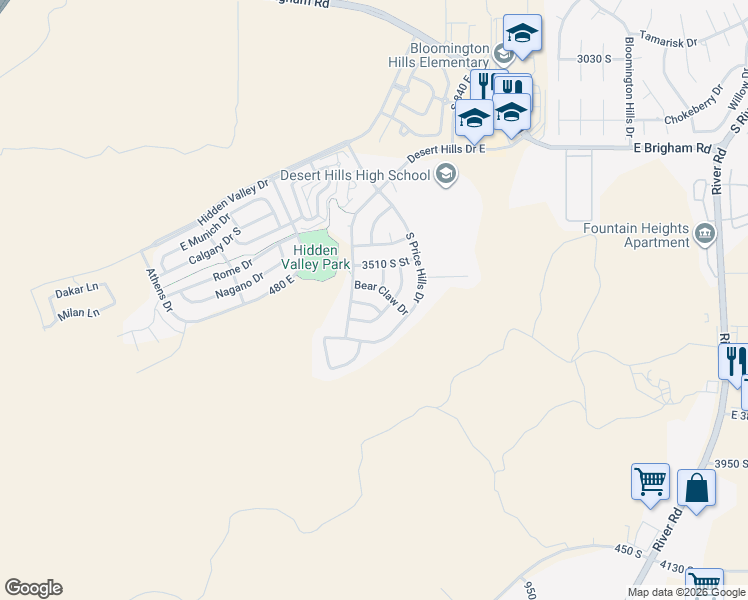 map of restaurants, bars, coffee shops, grocery stores, and more near 629 East Desmo Way in St. George