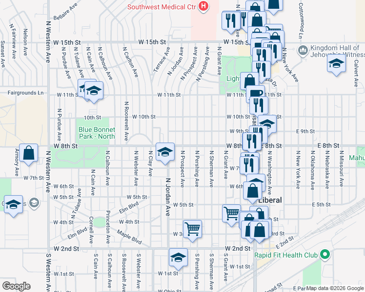 map of restaurants, bars, coffee shops, grocery stores, and more near 501 West 8th Street in Liberal