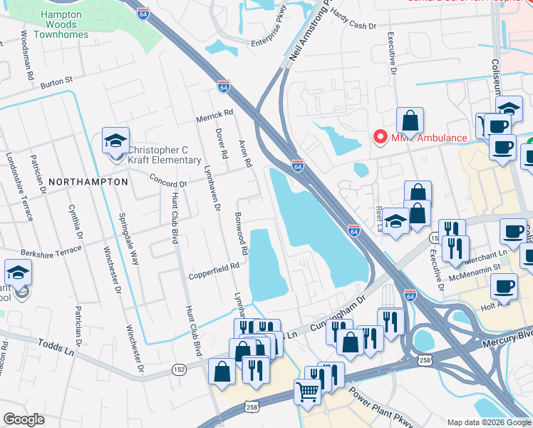 map of restaurants, bars, coffee shops, grocery stores, and more near 41 Reflection Lane in Hampton